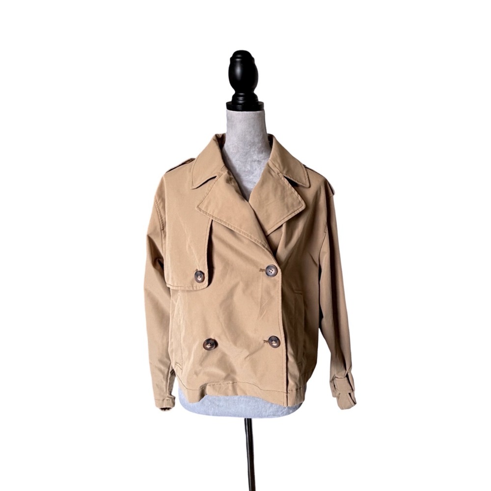 Love Tree Tan Double Breasted Cropped Trench Jacket Large Brown Khaki Short Coat
